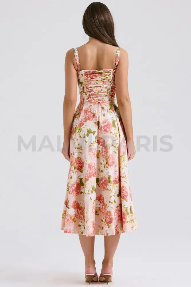 Carmen Pink Peony Print Cotton Bustier Sundress Midi Dress - Pink