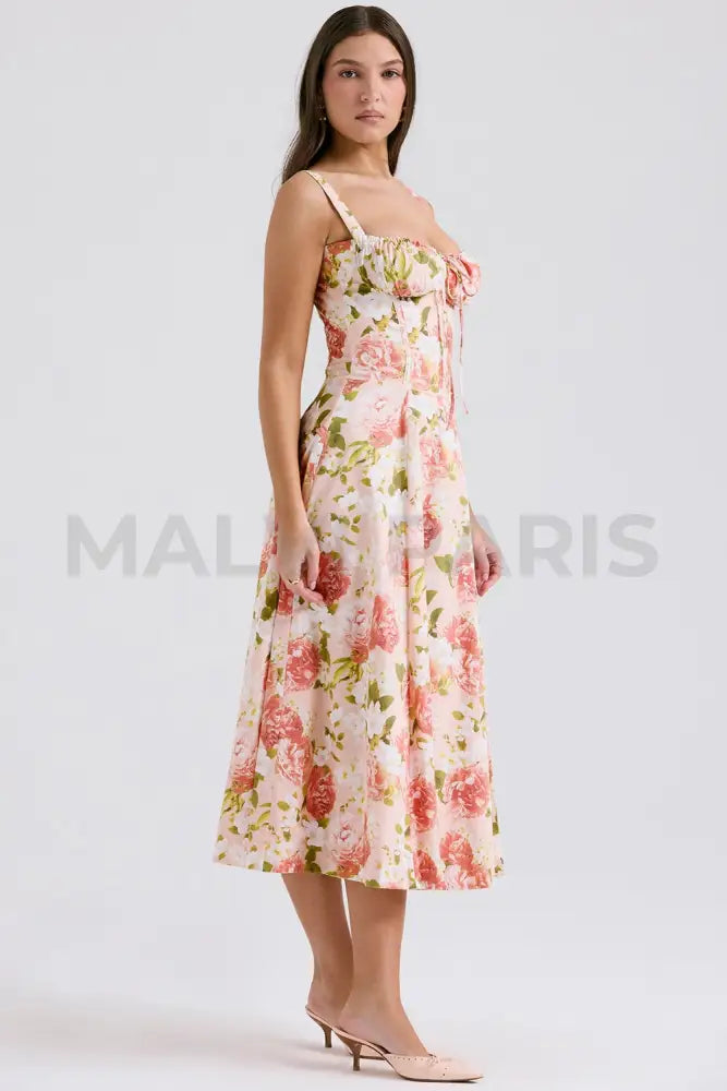 Carmen Pink Peony Print Cotton Bustier Sundress Midi Dress - Pink