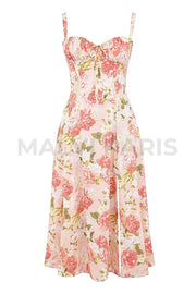 Carmen Pink Peony Print Cotton Bustier Sundress Midi Dress - Pink