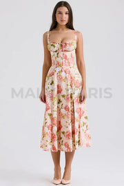 Carmen Pink Peony Print Cotton Bustier Sundress Midi Dress - Pink