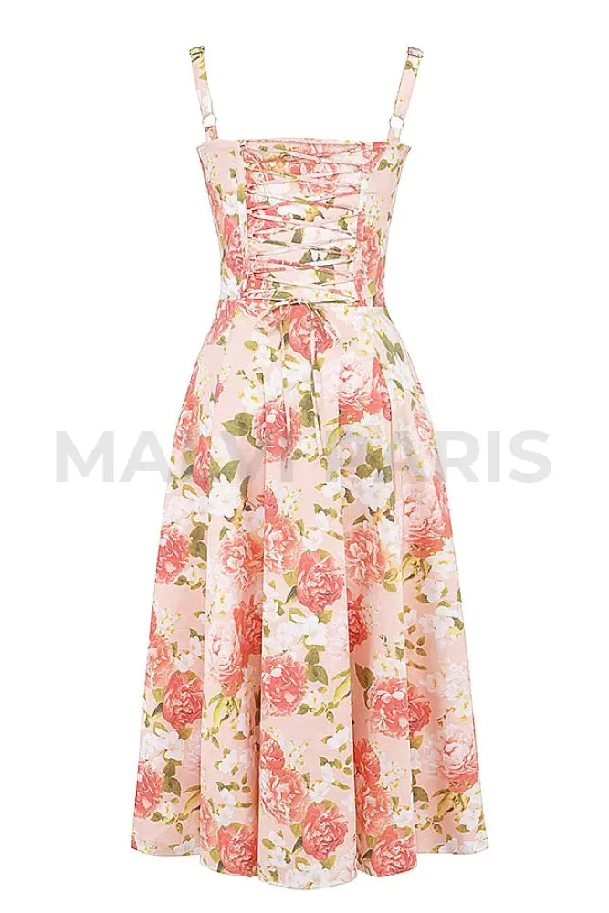 Carmen Pink Peony Print Cotton Bustier Sundress Midi Dress - Pink