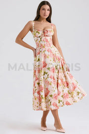 Carmen Pink Peony Print Cotton Bustier Sundress Midi Dress - Pink