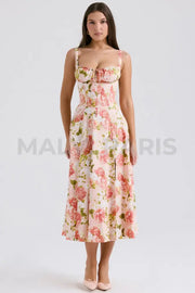 Carmen Pink Peony Print Cotton Bustier Sundress Midi Dress - Pink