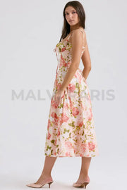 Carmen Pink Peony Print Cotton Bustier Sundress Midi Dress - Pink