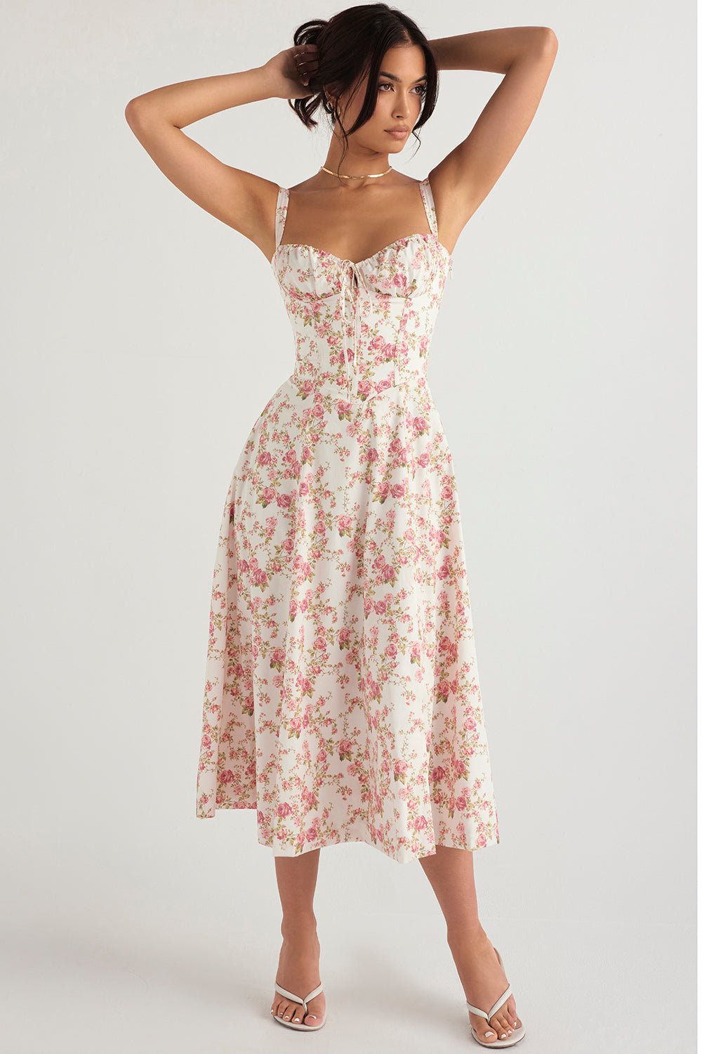 CARMEN ROSE PRINT BUSTIER MIDI DRESS  - Pink / white