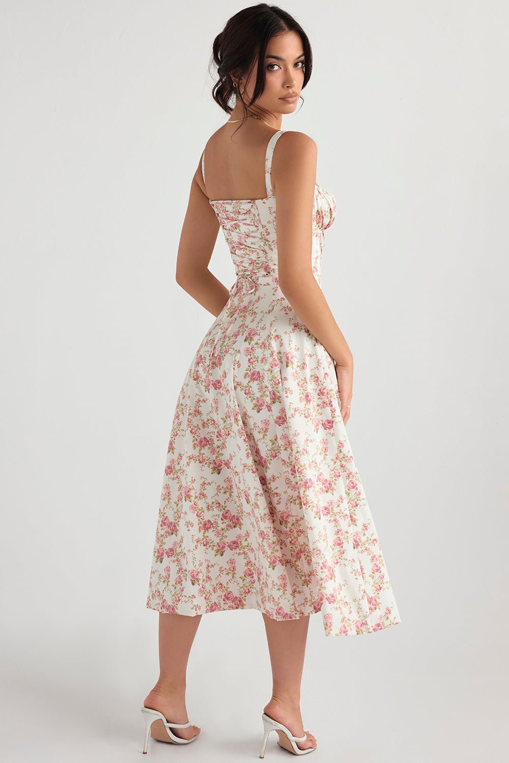 CARMEN ROSE PRINT BUSTIER MIDI DRESS  - Pink / white