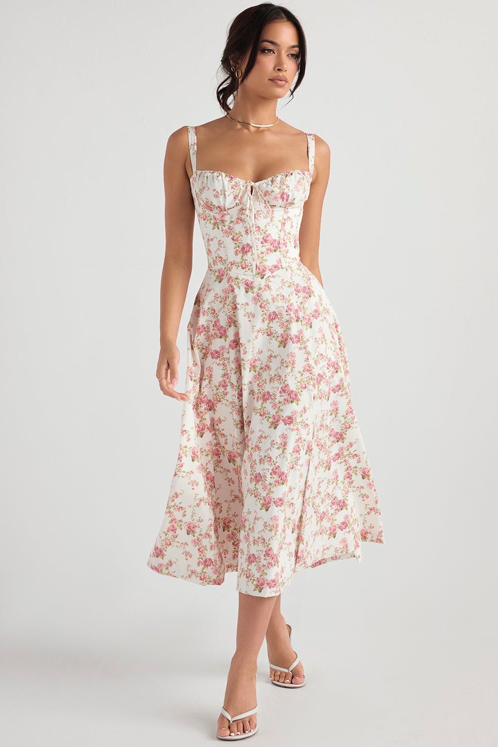 CARMEN ROSE PRINT BUSTIER MIDI DRESS  - Pink / white