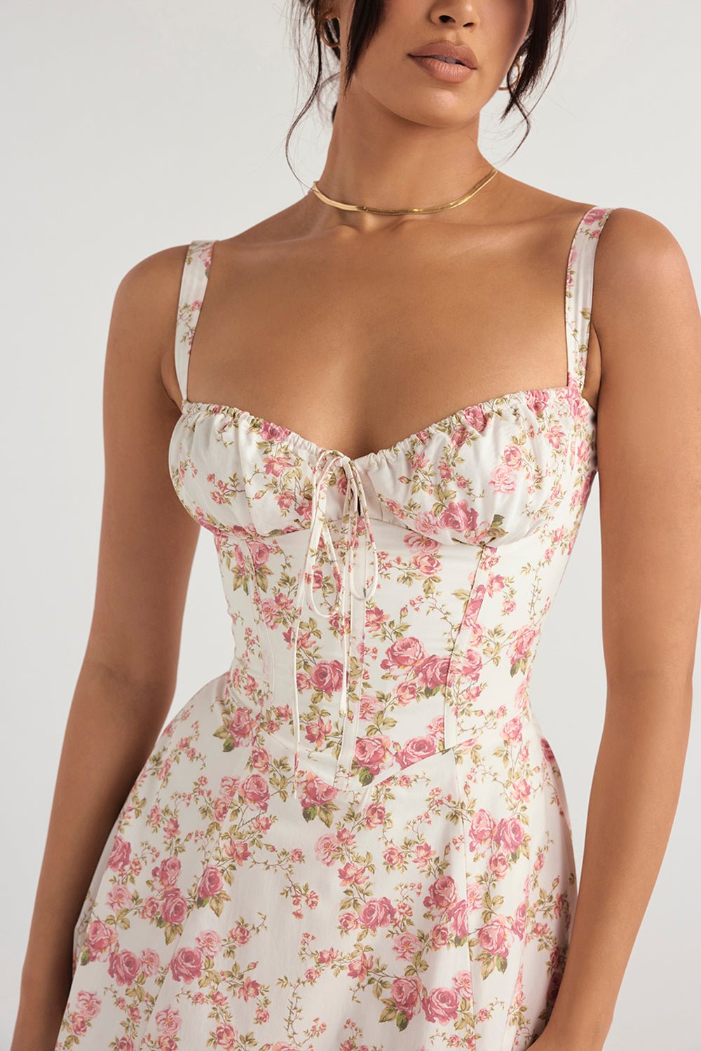 CARMEN ROSE PRINT BUSTIER MIDI DRESS  - Pink / white