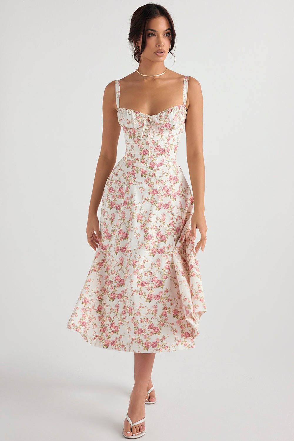 CARMEN ROSE PRINT BUSTIER MIDI DRESS  - Pink / white