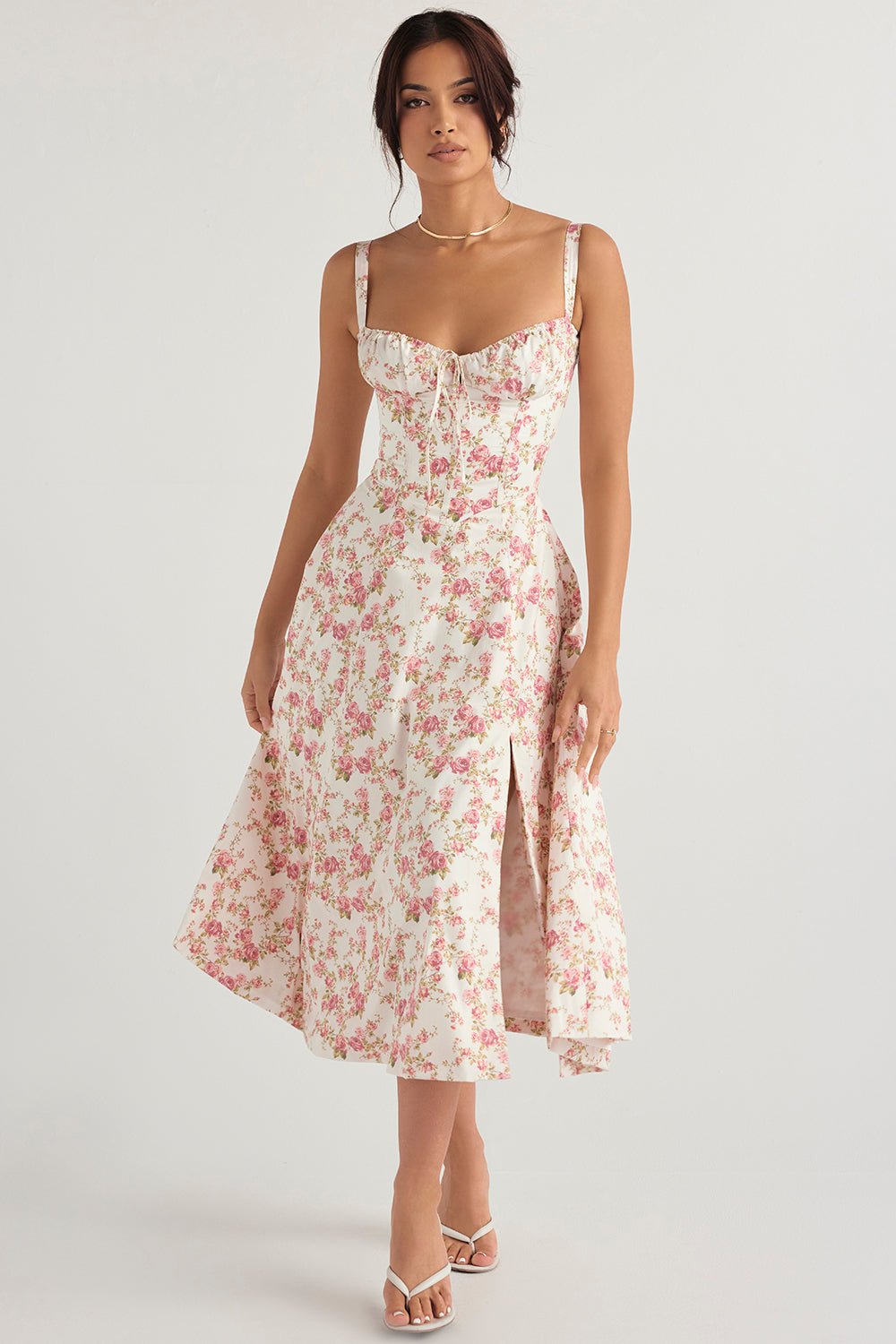 CARMEN ROSE PRINT BUSTIER MIDI DRESS  - Pink / white