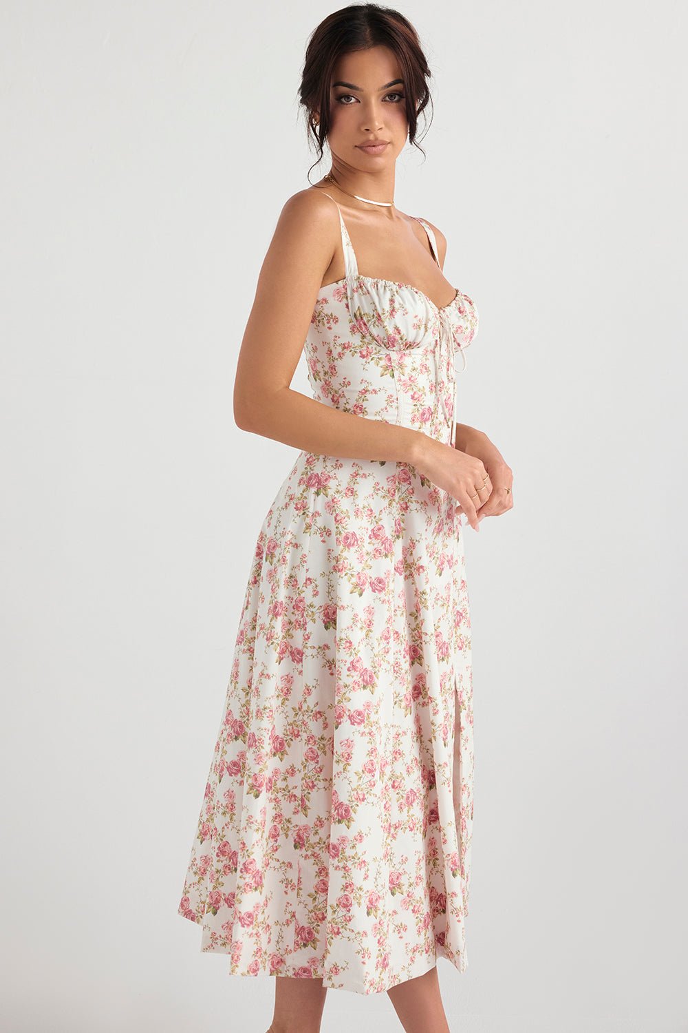 CARMEN ROSE PRINT BUSTIER MIDI DRESS  - Pink / white