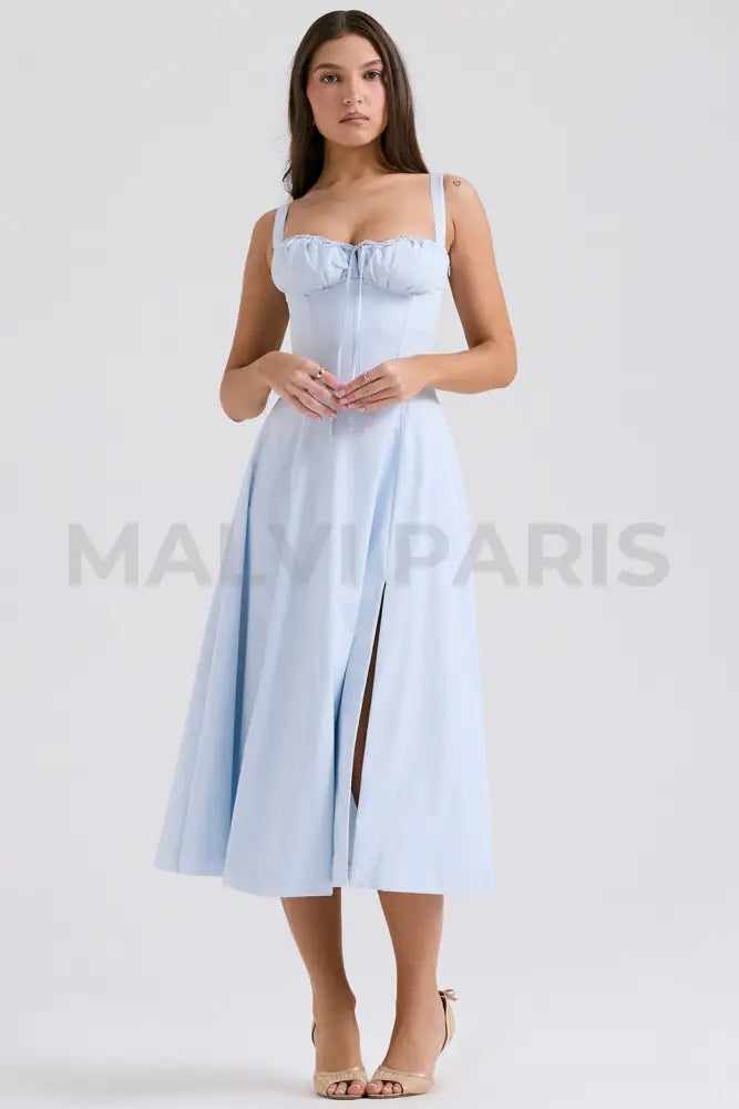 Carmen Soft Blue Cotton Bustier Sundress Midi Dress - Blue