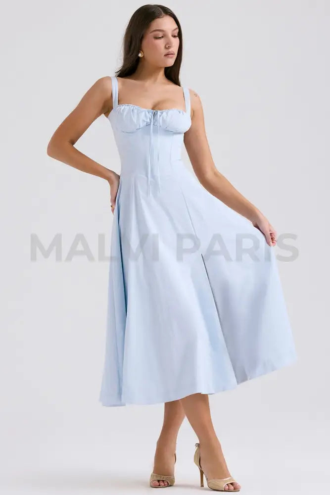 Carmen Soft Blue Cotton Bustier Sundress Midi Dress - Blue