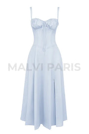 Carmen Soft Blue Cotton Bustier Sundress Midi Dress - Blue