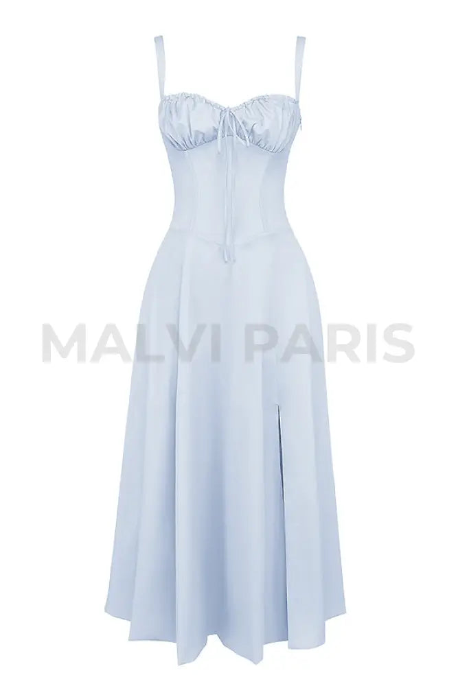 Carmen Soft Blue Cotton Bustier Sundress Midi Dress - Blue