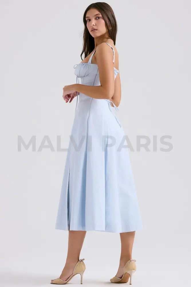 Carmen Soft Blue Cotton Bustier Sundress Midi Dress - Blue