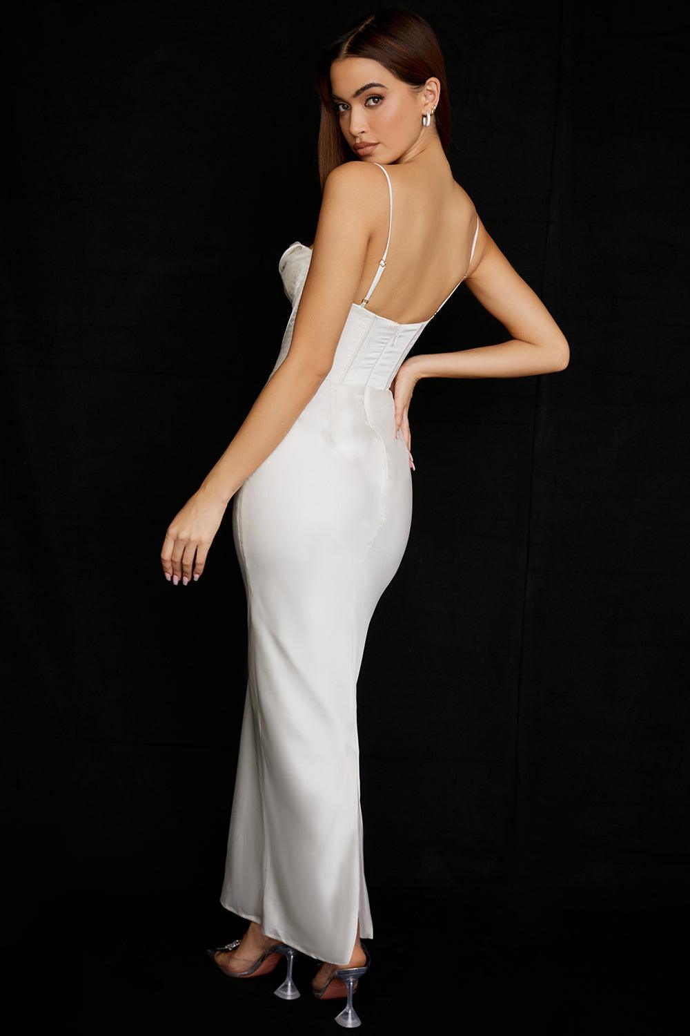 FLORA IVORY SATIN PLEATED CORSET MAXI DRESS - White – MALVI PARIS