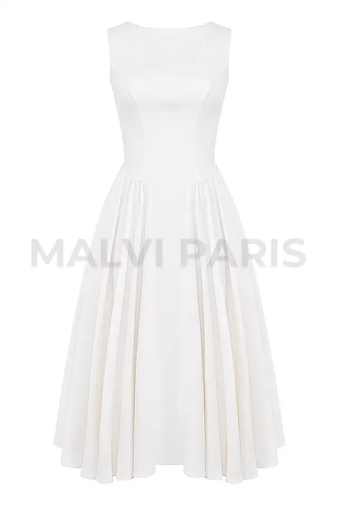 Cindy White Twill Midi Dress Sundress - White