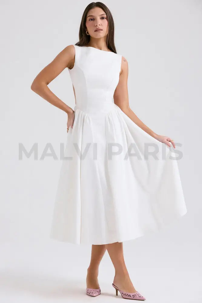 Cindy White Twill Midi Dress Sundress - White