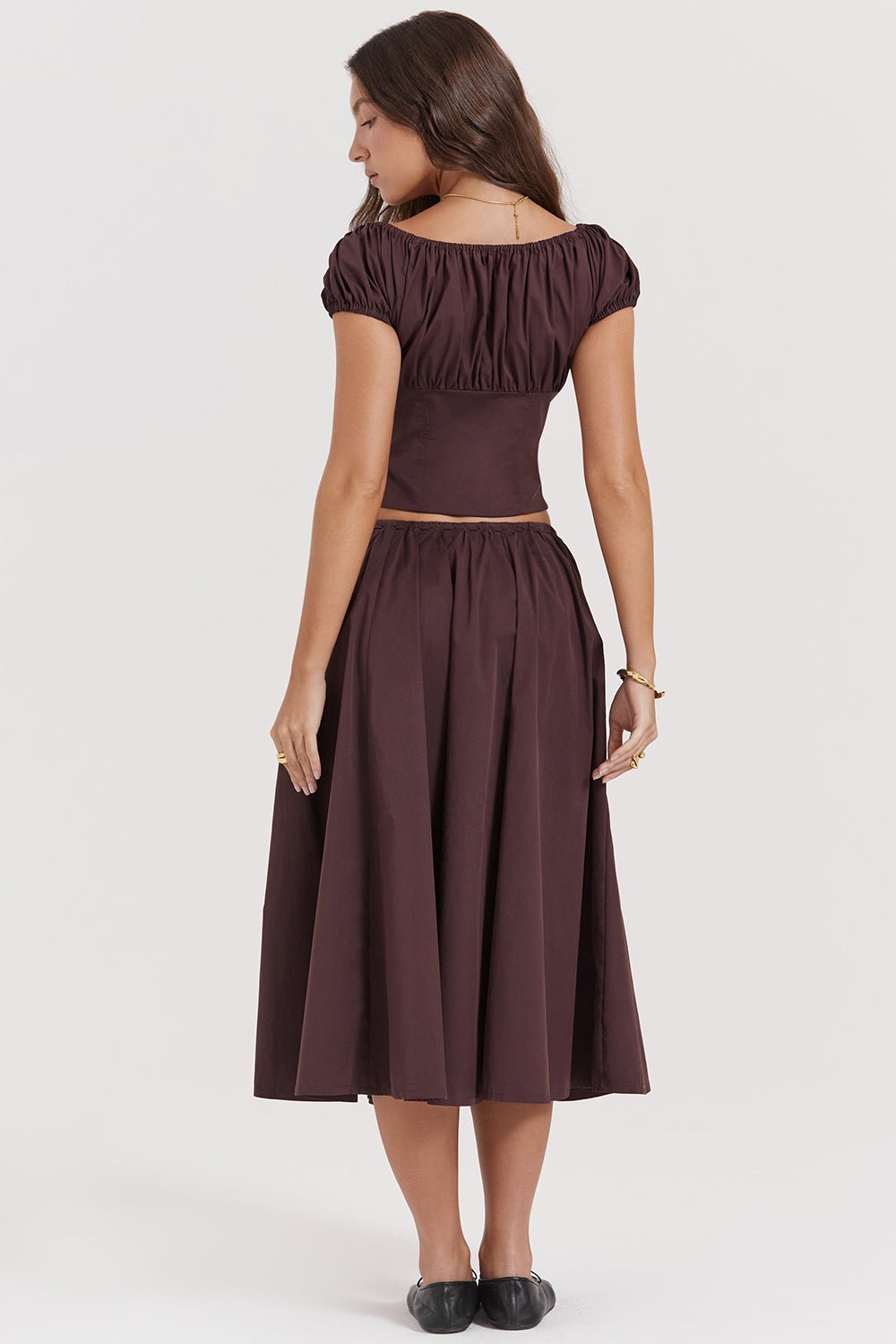 CORA RICH BROWN GATHERED MIDI SKIRT & KITTY WHITE GATHERED TOP SET  - Brown