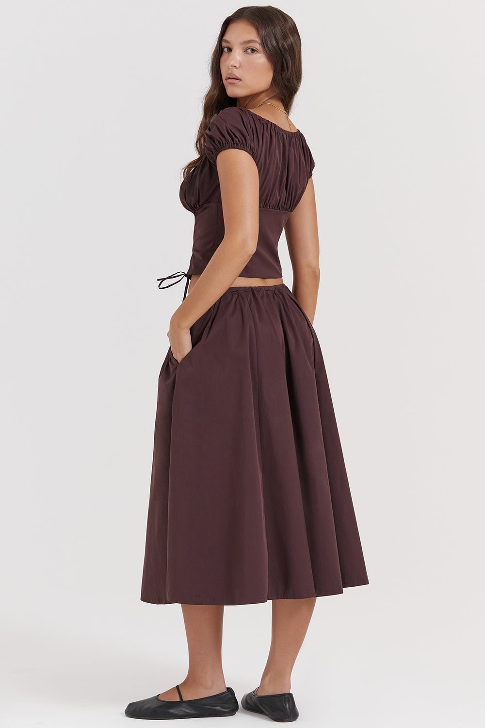 CORA RICH BROWN GATHERED MIDI SKIRT & KITTY WHITE GATHERED TOP SET  - Brown