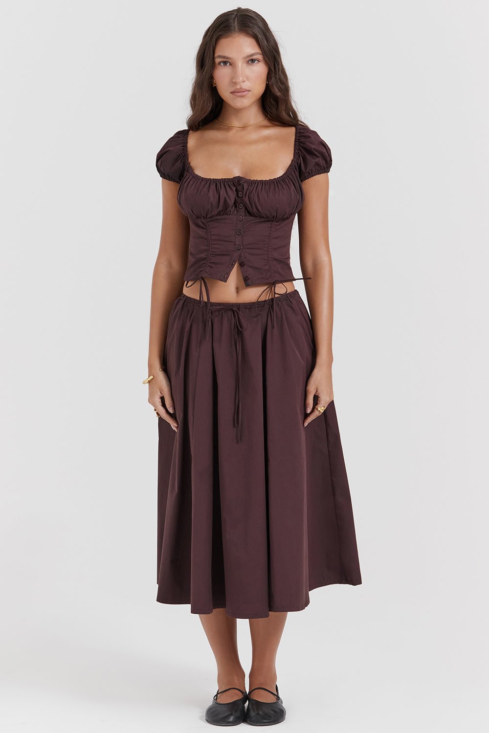 CORA RICH BROWN GATHERED MIDI SKIRT & KITTY WHITE GATHERED TOP SET  - Brown