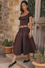 CORA RICH BROWN GATHERED MIDI SKIRT & KITTY WHITE GATHERED TOP SET - Brown - MALVI PARISMALVI PARIS