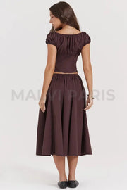 CORA RICH BROWN GATHERED MIDI SKIRT & KITTY WHITE GATHERED TOP SET - Brown - MALVI PARISMALVI PARIS