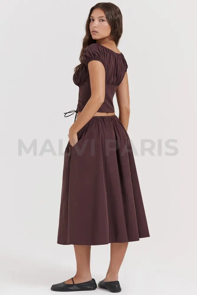 CORA RICH BROWN GATHERED MIDI SKIRT & KITTY WHITE GATHERED TOP SET - Brown - MALVI PARISMALVI PARIS