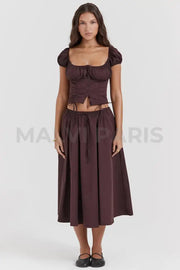 CORA RICH BROWN GATHERED MIDI SKIRT & KITTY WHITE GATHERED TOP SET - Brown - MALVI PARISMALVI PARIS