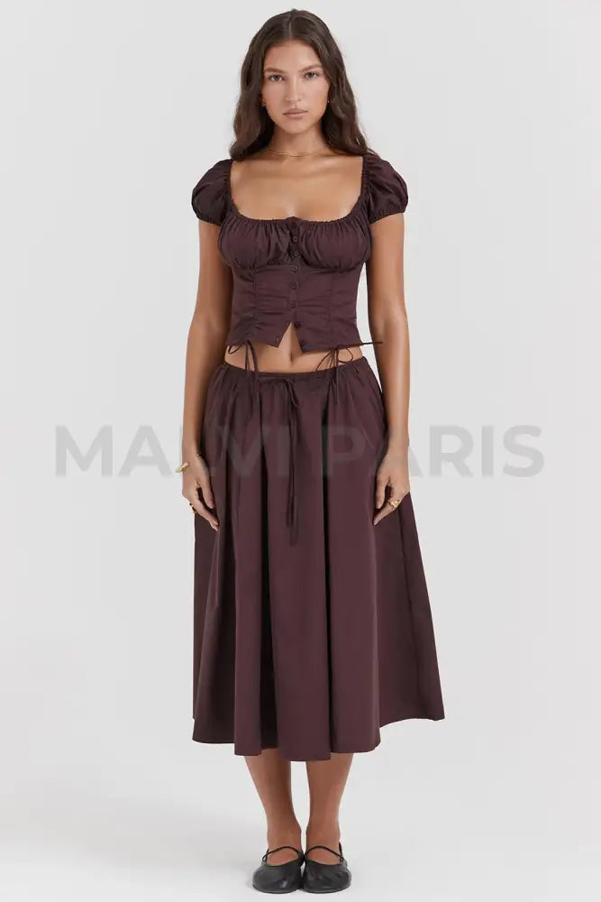 CORA RICH BROWN GATHERED MIDI SKIRT & KITTY WHITE GATHERED TOP SET - Brown - MALVI PARISMALVI PARIS