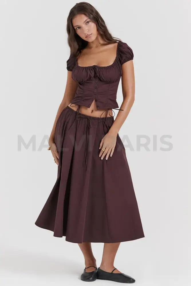 CORA RICH BROWN GATHERED MIDI SKIRT & KITTY WHITE GATHERED TOP SET - Brown - MALVI PARISMALVI PARIS