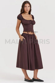 CORA RICH BROWN GATHERED MIDI SKIRT & KITTY WHITE GATHERED TOP SET - Brown - MALVI PARISMALVI PARIS