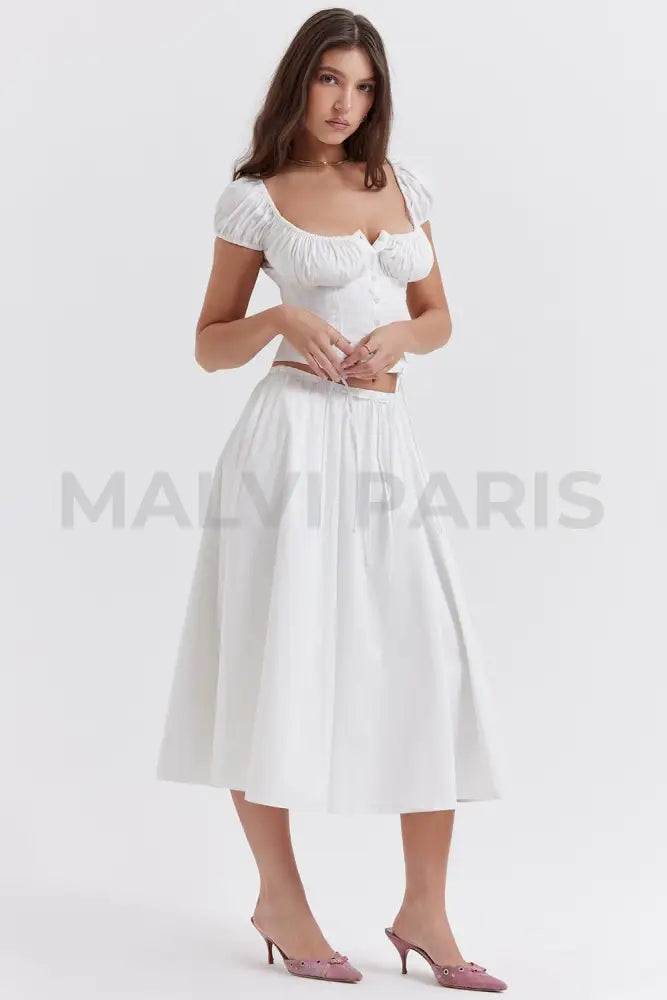 CORA WHITE GATHERED MIDI SKIRT & KITTY WHITE GATHERED TOP SET - White - MALVI PARISMALVI PARIS