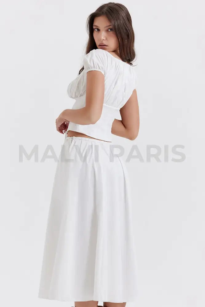 CORA WHITE GATHERED MIDI SKIRT & KITTY WHITE GATHERED TOP SET - White - MALVI PARISMALVI PARIS