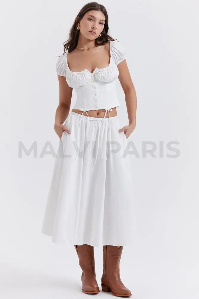 CORA WHITE GATHERED MIDI SKIRT & KITTY WHITE GATHERED TOP SET - White - MALVI PARISMALVI PARIS