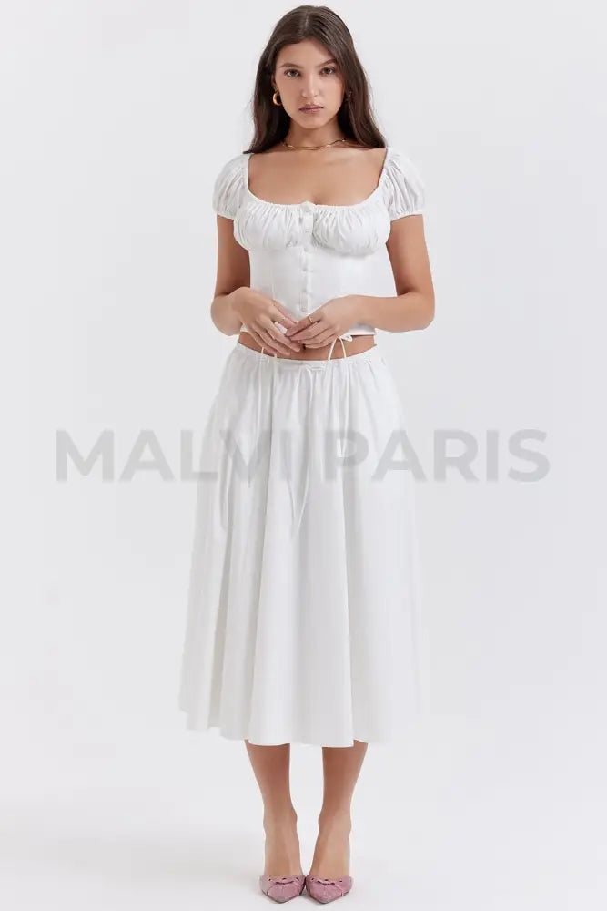 CORA WHITE GATHERED MIDI SKIRT & KITTY WHITE GATHERED TOP SET - White - MALVI PARISMALVI PARIS