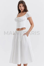 CORA WHITE GATHERED MIDI SKIRT & KITTY WHITE GATHERED TOP SET - White - MALVI PARISMALVI PARIS