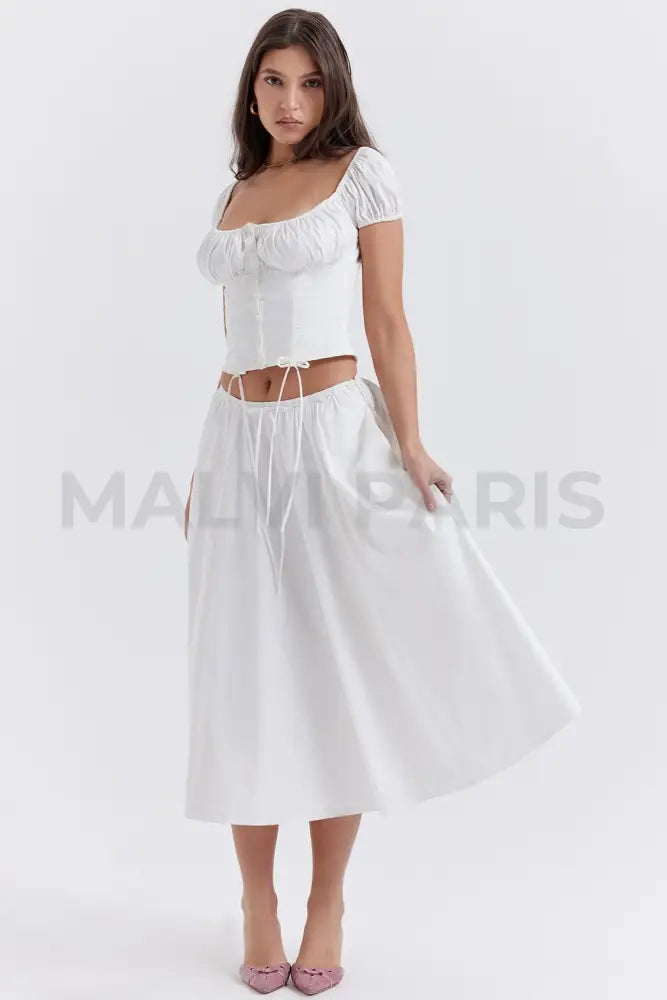 CORA WHITE GATHERED MIDI SKIRT & KITTY WHITE GATHERED TOP SET - White - MALVI PARISMALVI PARIS