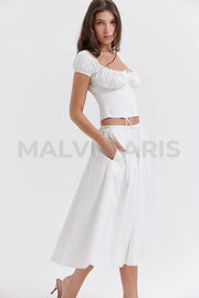 CORA WHITE GATHERED MIDI SKIRT & KITTY WHITE GATHERED TOP SET - White - MALVI PARISMALVI PARIS