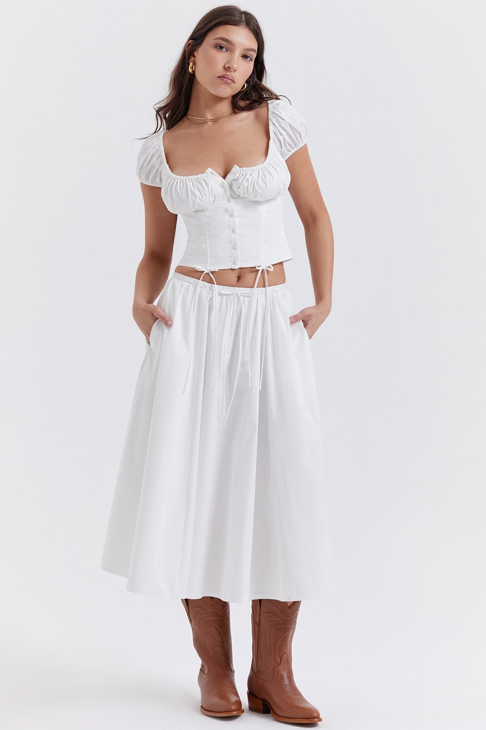 CORA WHITE GATHERED MIDI SKIRT & KITTY WHITE GATHERED TOP SET  - White