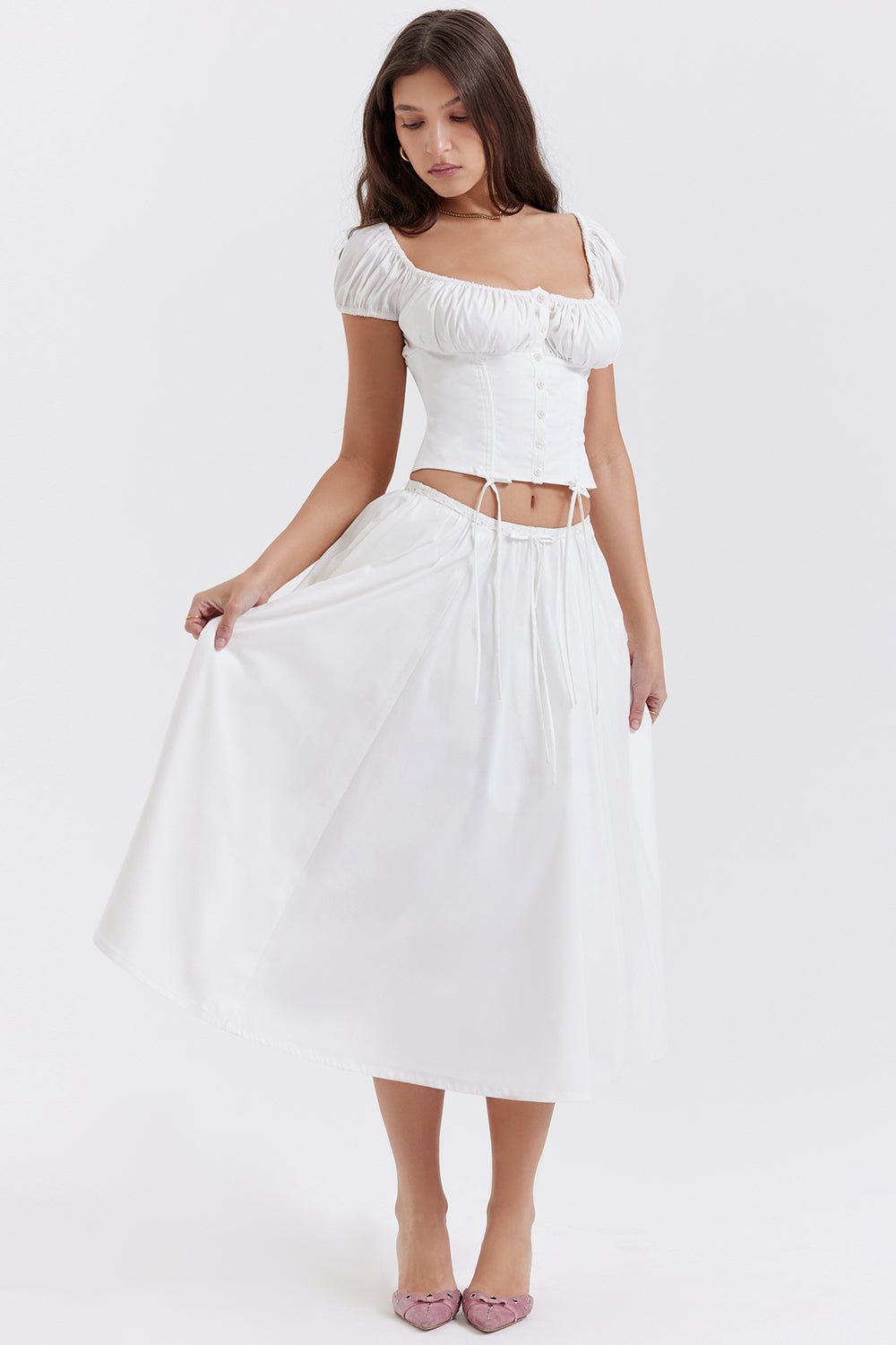 CORA WHITE GATHERED MIDI SKIRT & KITTY WHITE GATHERED TOP SET  - White