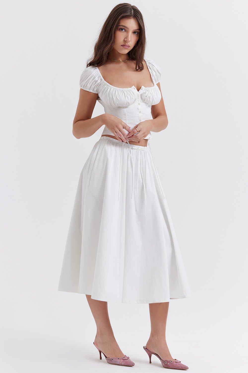 CORA WHITE GATHERED MIDI SKIRT & KITTY WHITE GATHERED TOP SET  - White