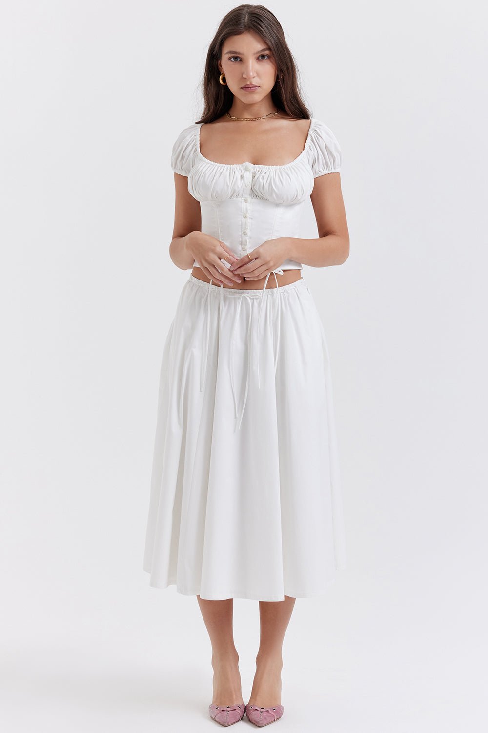 CORA WHITE GATHERED MIDI SKIRT & KITTY WHITE GATHERED TOP SET  - White