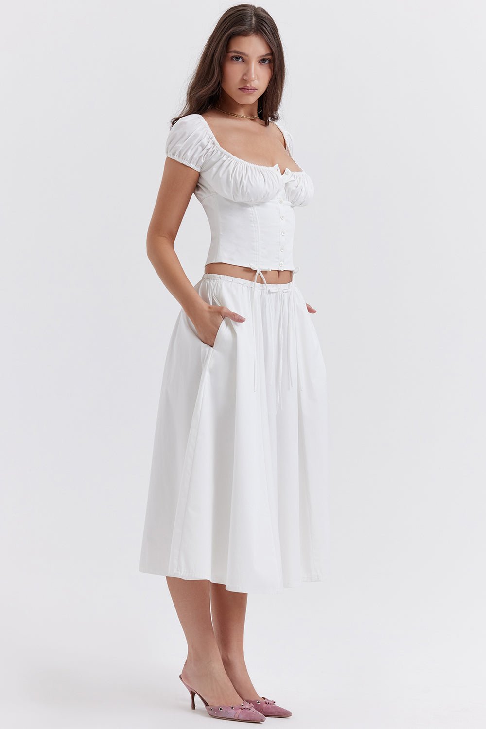 CORA WHITE GATHERED MIDI SKIRT & KITTY WHITE GATHERED TOP SET  - White