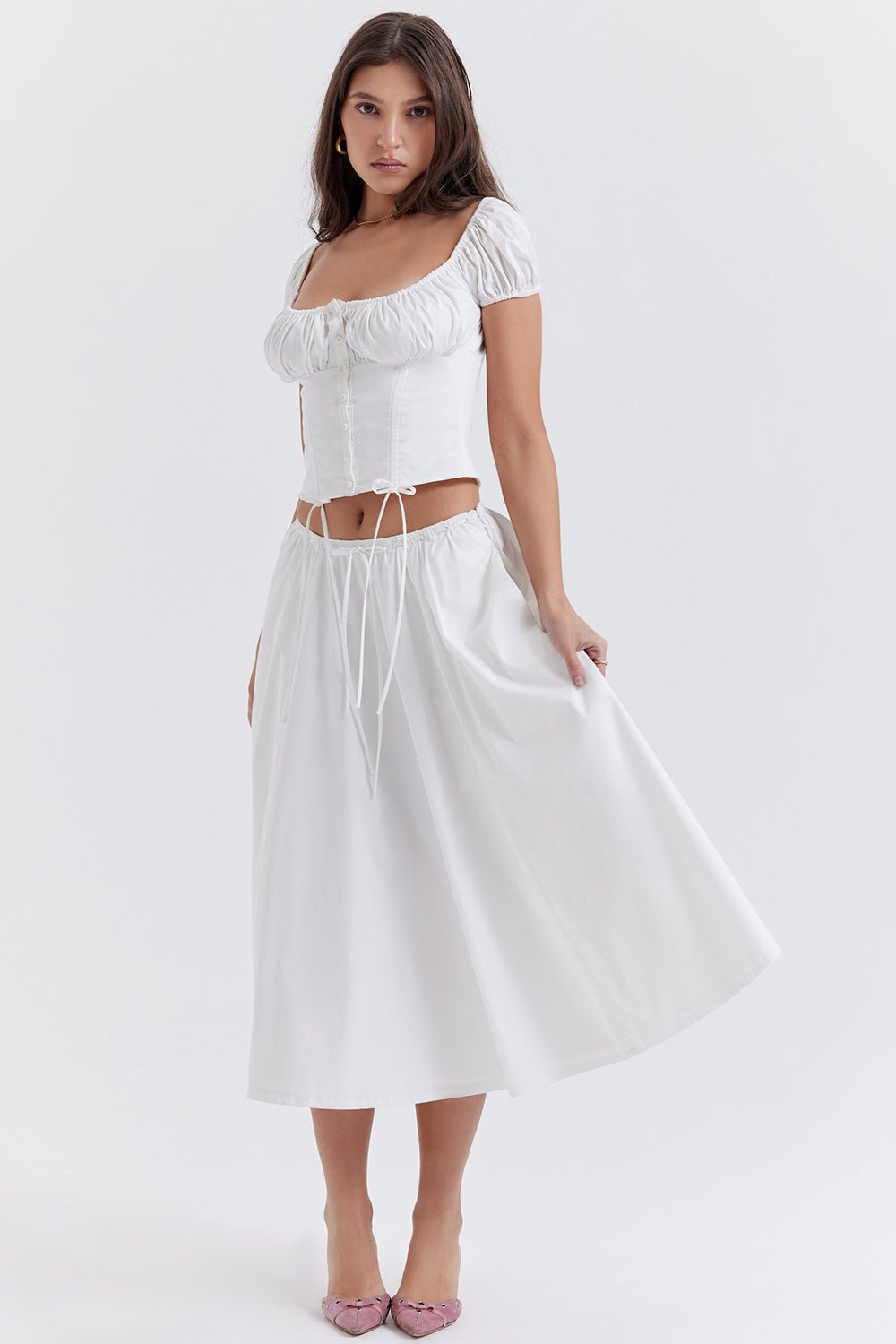 CORA WHITE GATHERED MIDI SKIRT & KITTY WHITE GATHERED TOP SET  - White