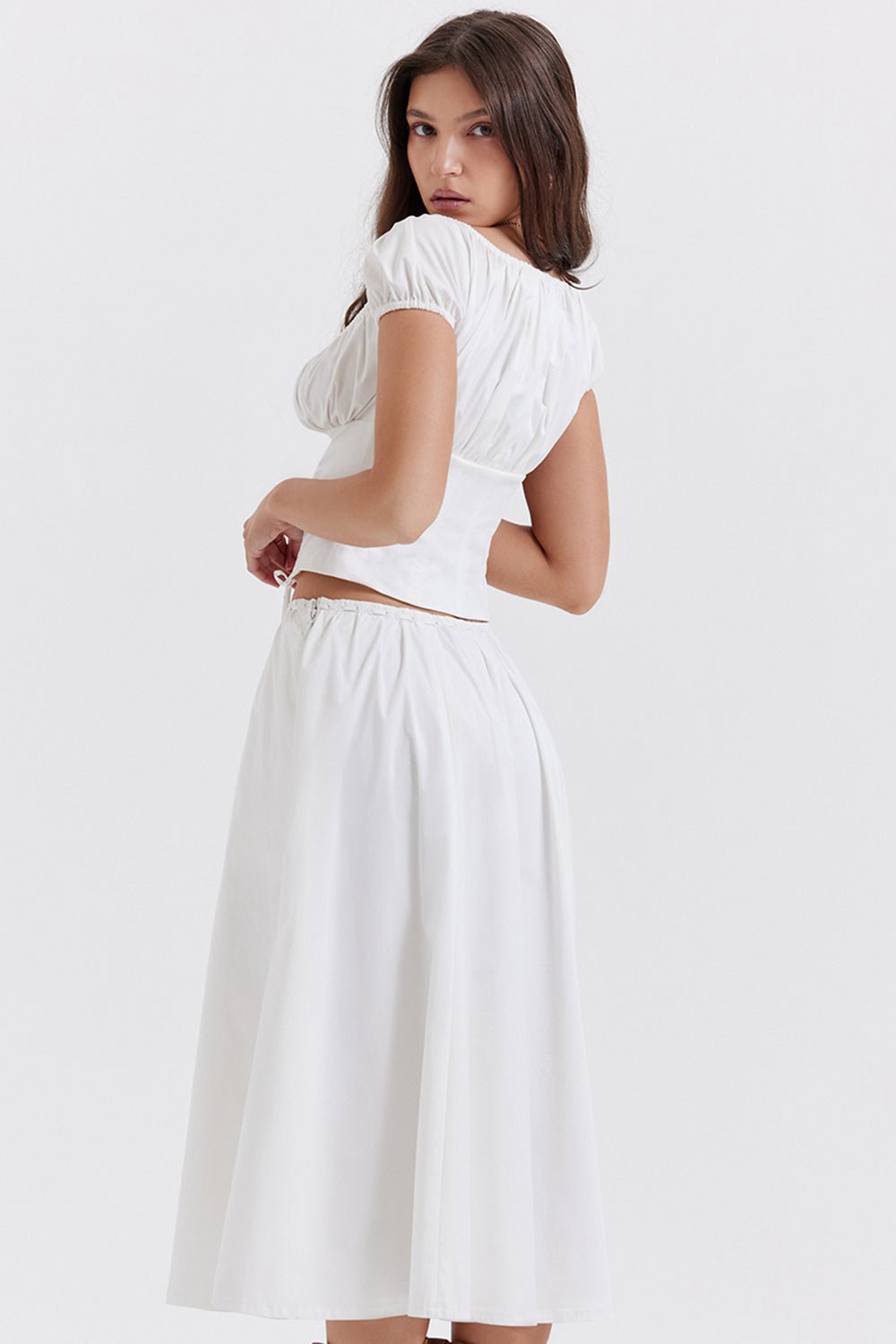 CORA WHITE GATHERED MIDI SKIRT & KITTY WHITE GATHERED TOP SET  - White