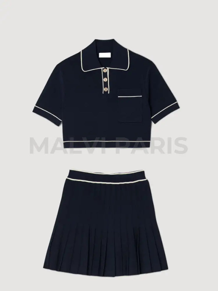 Cropped Polo-Neck Top Mini Tennis Skirt Set- Dark Blue Dresses