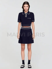 Cropped Polo-Neck Top Mini Tennis Skirt Set- Dark Blue Dresses