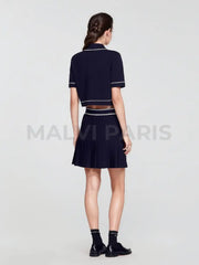 Cropped Polo-Neck Top Mini Tennis Skirt Set- Dark Blue Dresses